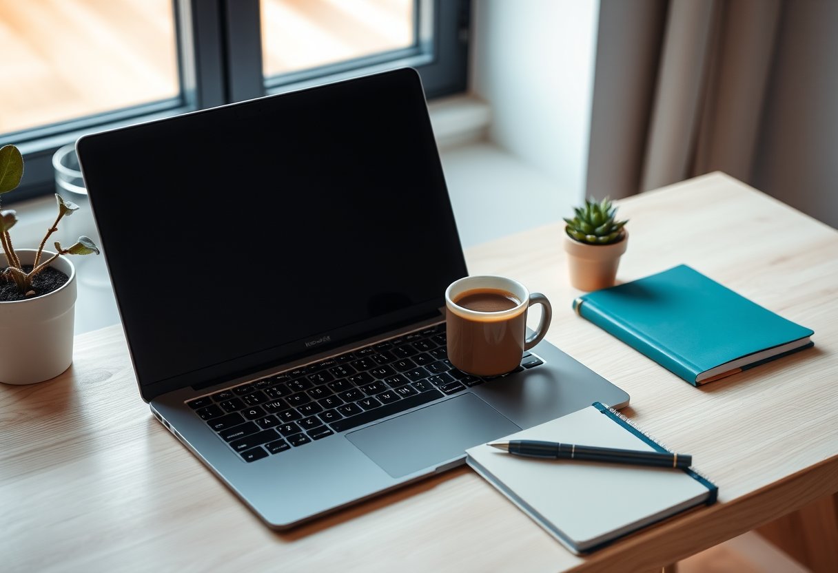 A new employee's tidy desk on their first morning — a laptop with the screen off, a coffee, small plants, and a teal notebook by a sunny window.