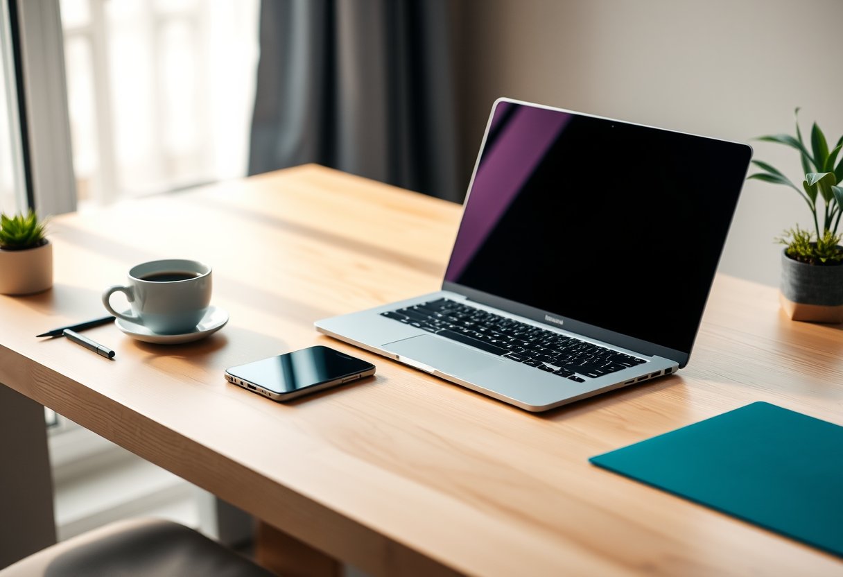 A new laptop and a smartphone being set up side by side on a tidy desk.